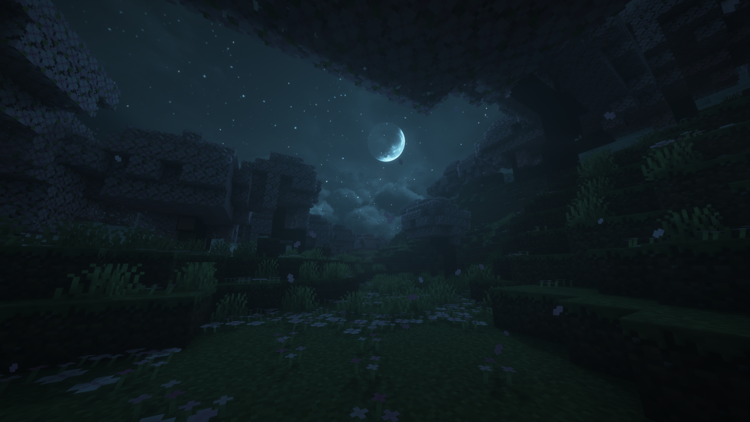minecraft cherry blossom biome at night
