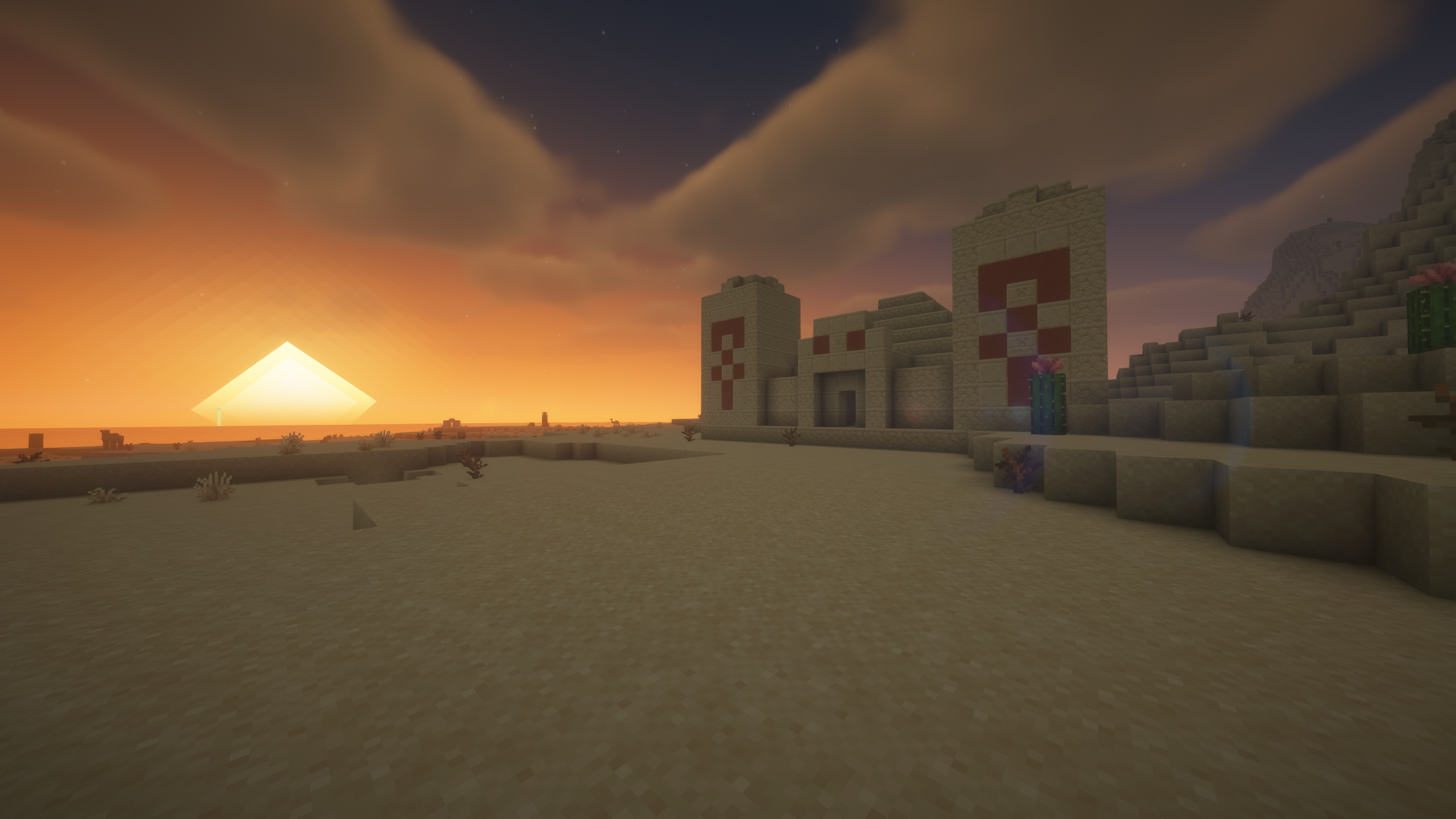 minecraft desert biome with a temple during sunset